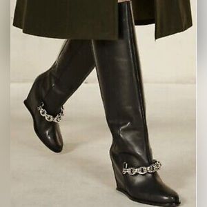 Zara Tall Black Long Leather Boots with Wedge Heel and Metal Chain Detail